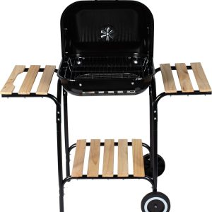 Portable Charcoal BBQ Grill With Wooden Side Table And Wheels