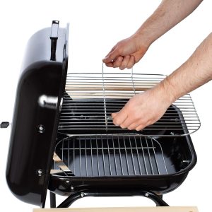 Portable Charcoal BBQ Grill With Wooden Side Table And Wheels