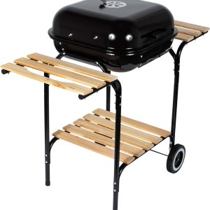 Portable Charcoal BBQ Grill With Wooden Side Table And Wheels