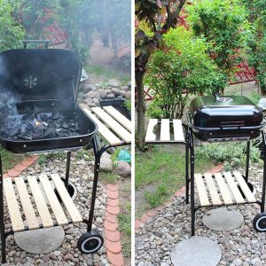 Portable Charcoal BBQ Grill With Wooden Side Table And Wheels