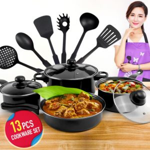 13-Piece Non-Stick Cookware Set with Cooking Utensils - Black