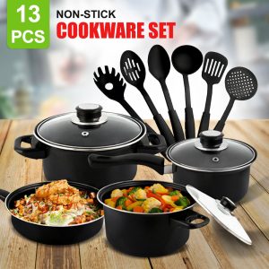 13-Piece Non-Stick Cookware Set with Cooking Utensils - Black